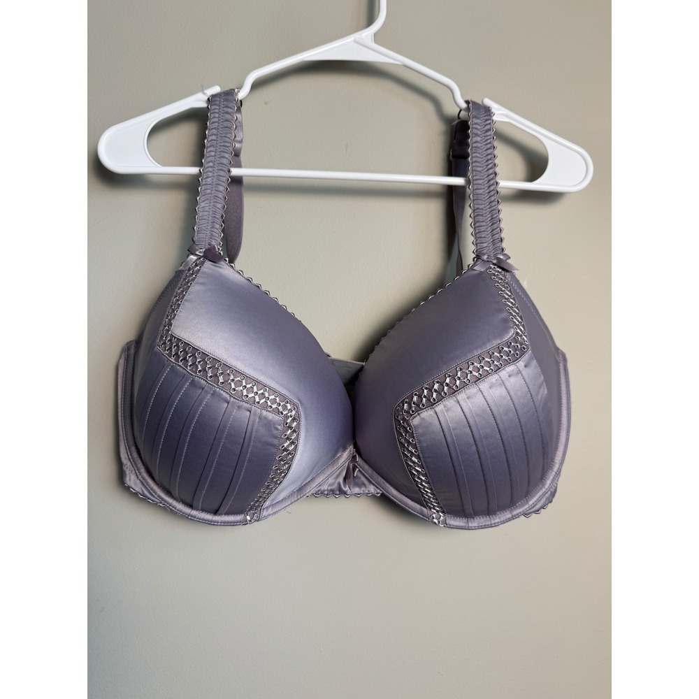 Pleasure State Womens Purple Satin Lace Padded Underwire Bra 38F Lingerie Luxe